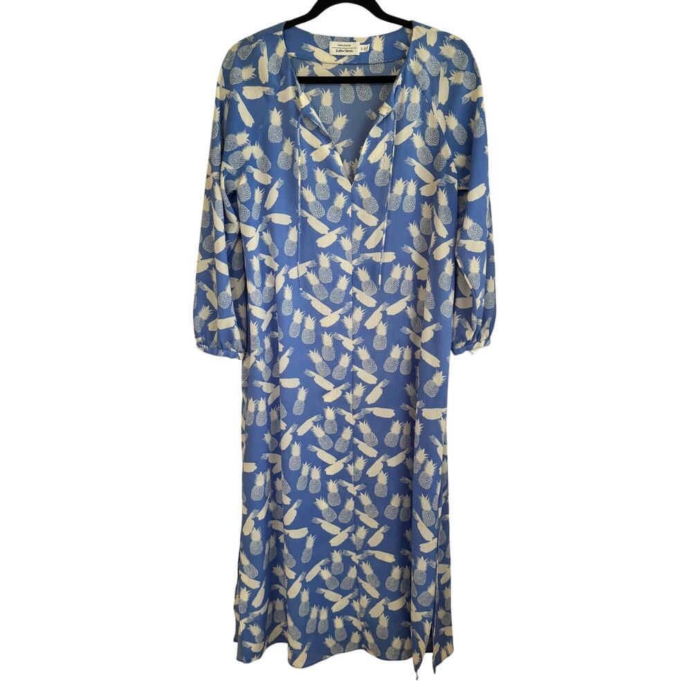 & Other Stories Midi Pineapple Dress Blue White Sz 4 Long Sleeve